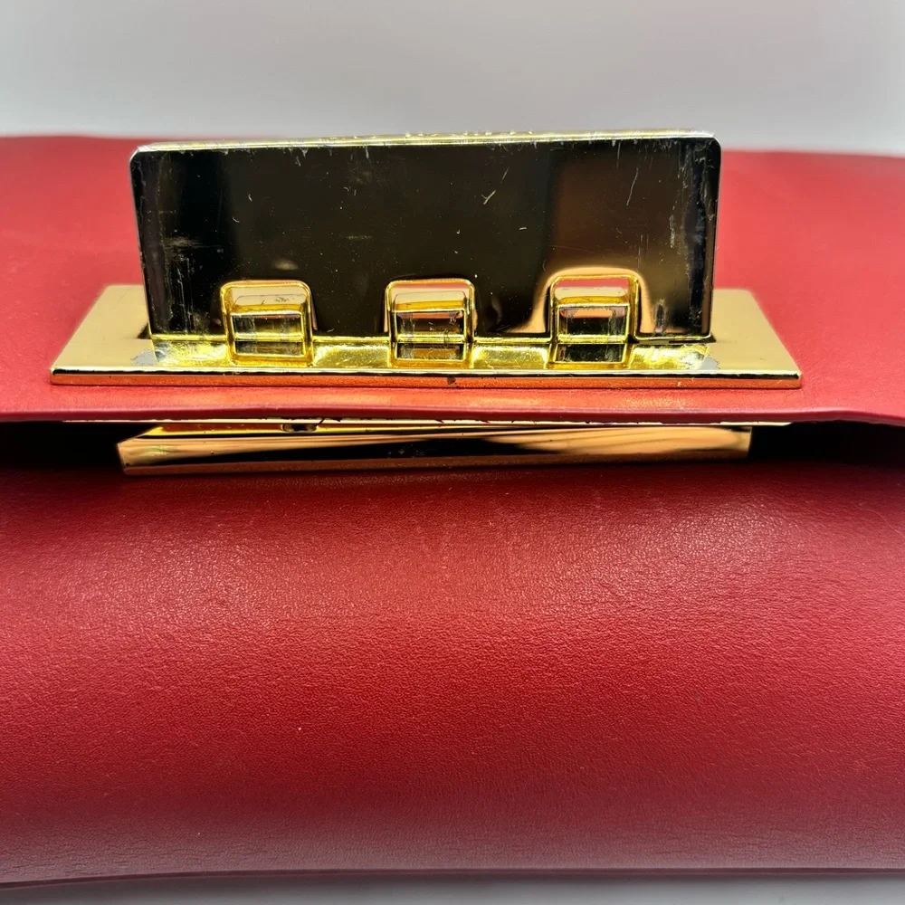 ZAC Zac Posen Red Leather Crossbody Clutch Gold Lock Earthette Style Bag